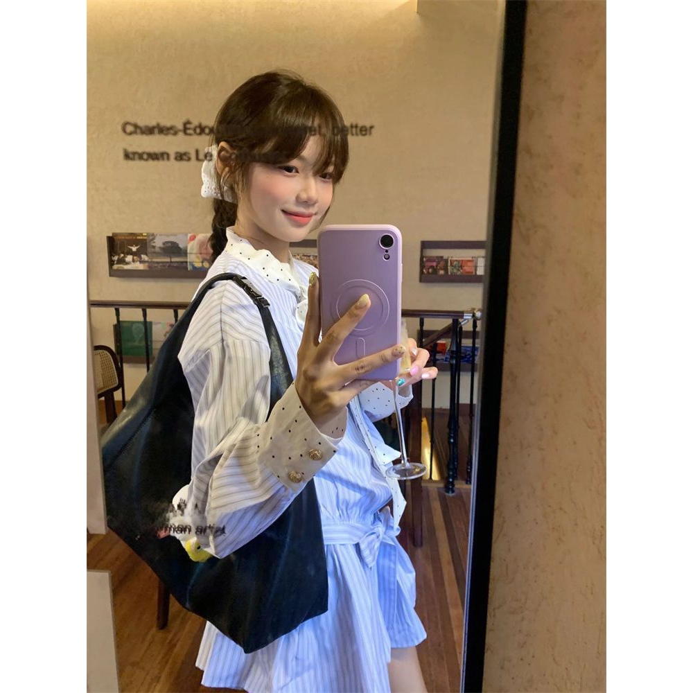 Korean Style A Line Shirt Dress - Korean Sweet School Style Striped Splicing