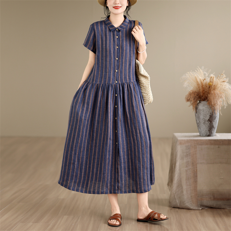 Cotton Linen Stripe Pattern Mi - Casual Loose Linen Shirt Dress 评论和价格