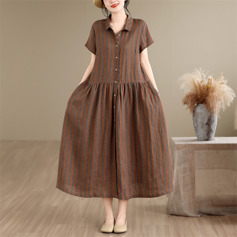 Cotton Linen Stripe Pattern Mi - Casual Loose Linen Shirt Dress 评论和价格