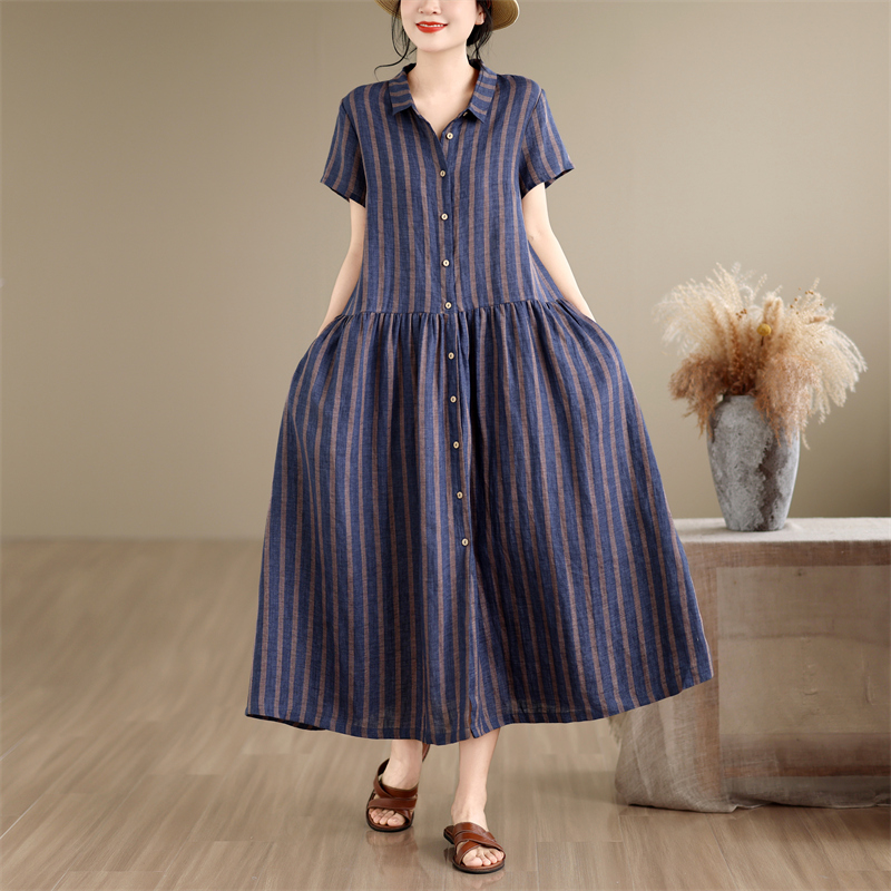 Cotton Linen Stripe Pattern Mi - Casual Loose Linen Shirt Dress 评论和价格
