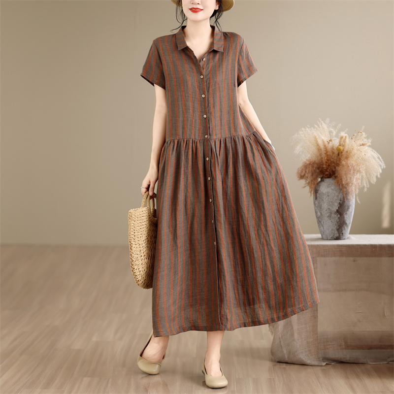 Cotton Linen Stripe Pattern Mi - Casual Loose Linen Shirt Dress 评论和价格