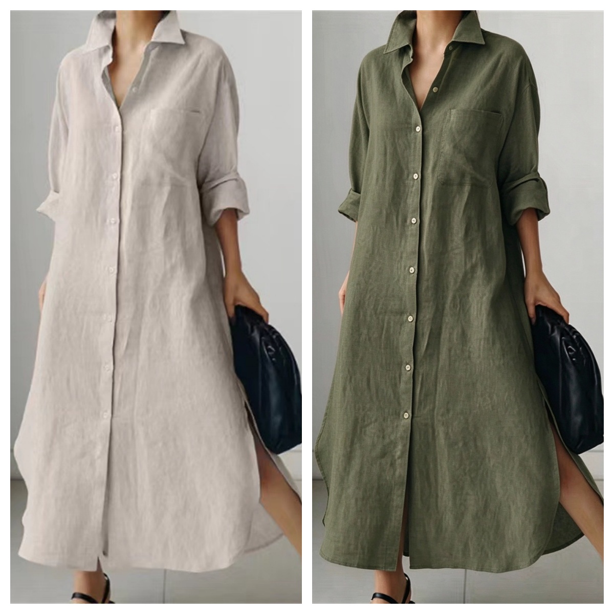 Women Elegant Turn-down Collar - Casual Loose Linen Shirt Dress 评论和价格