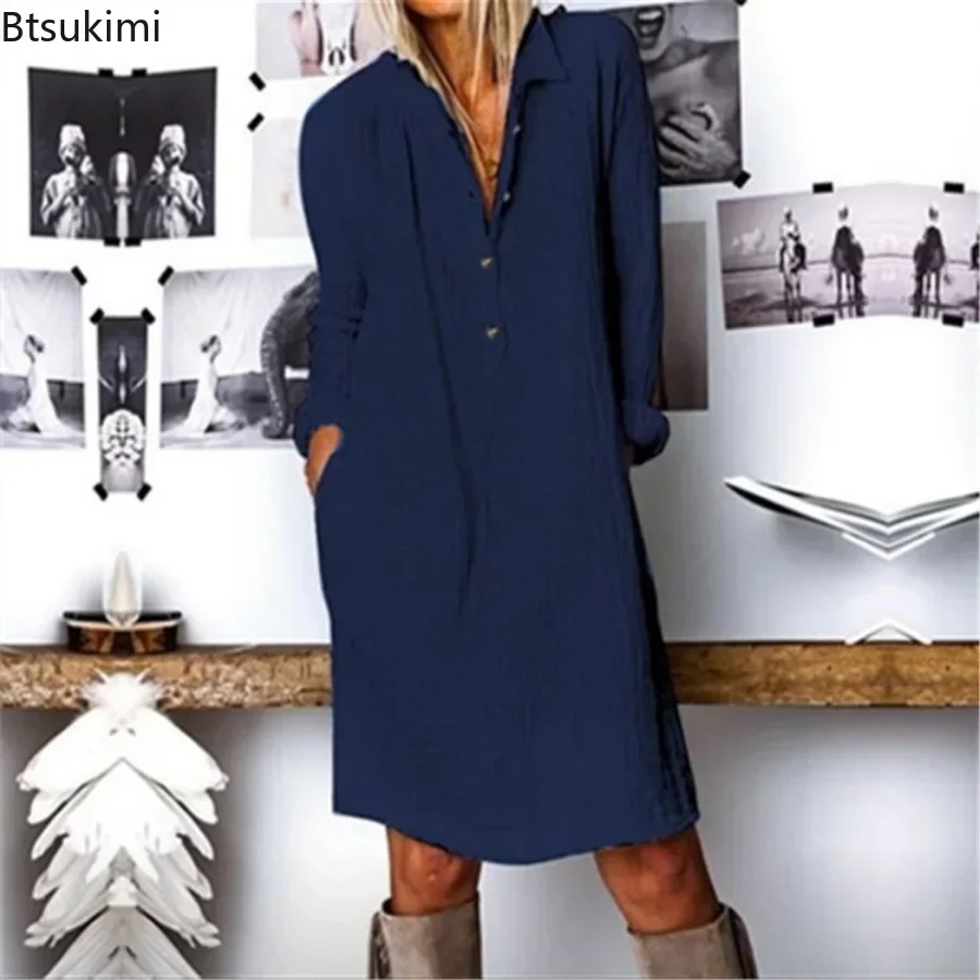 2026 Women's Loose Cotton Line - Casual Loose Linen Shirt Dress 评论和价格