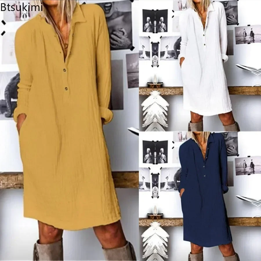 2026 Women's Loose Cotton Line - Casual Loose Linen Shirt Dress 评论和价格