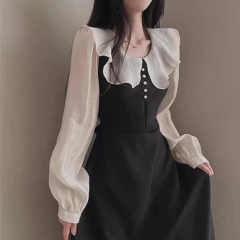 Long Sleeve Dresses Women Fren - French Vintage Floral Midi Dress 评论和价格